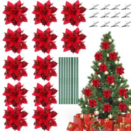Artificial Christmas Flowers, Pack of 12 Glitter Poinsettia, Artificial Poinsettia, Red Christmas Tree Decoration Flowers with 12 Clips and Stems, Decorations for Christmas, New Year
