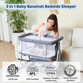 3-in-1 Baby Bassinet Bedside Sleeper with Wheels Bedside Bassinet for Newborn and Infant with Mattress and Storage Basket | Adjustable Height & Angle (13.5-18") | ASTM/CPSIA Certified (Grey)