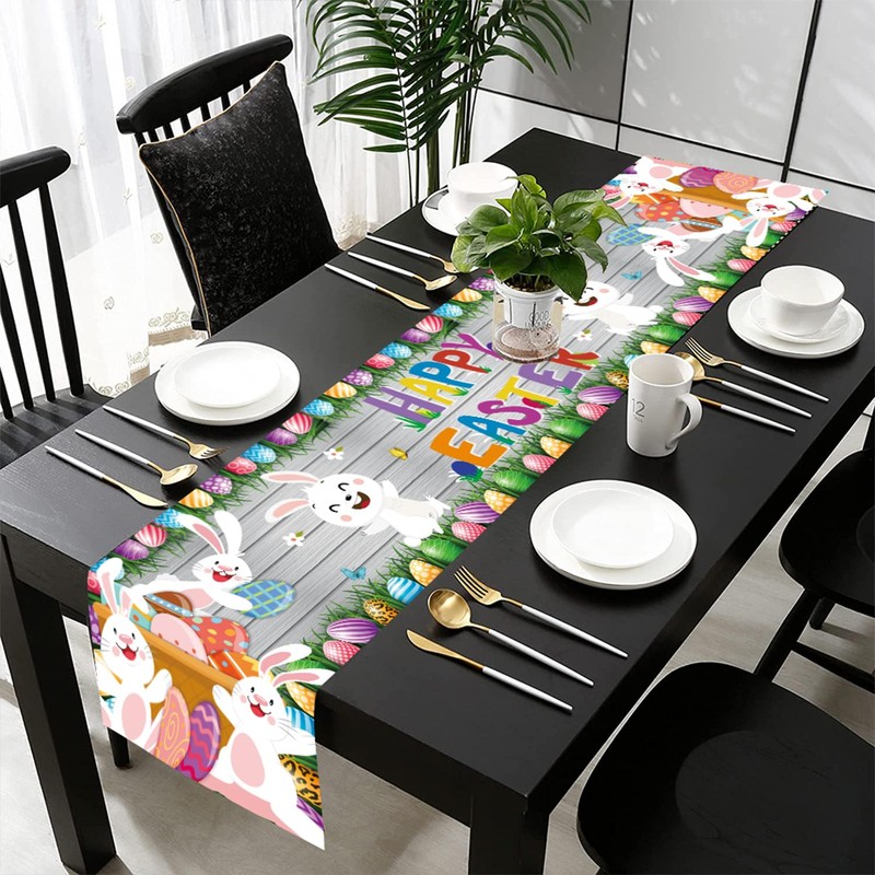 Happy Easter Table Runner Bunny Rabbit Easter Egg Tablecloth Table