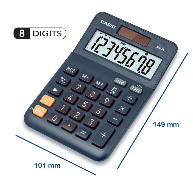 Casio Tischrechner MS-8E, 8-stellig, Währungsumrechnung, Gummifüße, Schnellkorrekturtaste, Solar-/Batteriebetrieb, silber