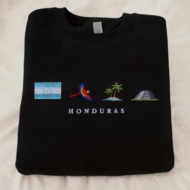 Honduras Embroidery Sweatshirt, Cozy, Black, Guacamaya Roja, Copán, Maya, Roatán, Bay Islands, Coral Reef, Baleada, Garifuna, Tegucigalpa, Punta, Lenca, Ceiba, Caracol, Conch, Horchata, Marimba, Guanaja, Lempira, Flag, Gift, Symbol, Stitch Crewneck Unise