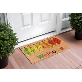 HomeRoots 17" X 29" Natural Green and Orange Coir Botanical Leaves Welcome Outdoor Fall...