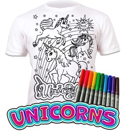Splat Planet Colour-in Unicorn T-Shirt with 10 Non-Toxic Washable Magic Pens - Colour Your Own, Colour-in and Wash Out T-Shirt, Reusable Colouring Clothes for Kids, for Kids