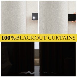NICETOWN 100% Absolutely Blackout Linen Curtains with Thermal Insulated White Liner, Ivory, W52, 2 Pieces, Noise Reducing Textured Linen Look Curtains for Windows 95 inch Length for Classroom