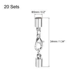 sourcing map Set of 20 5 mm Leather Cord End Caps with Lobster Clasp Clips Cylinder End Pieces for DIY Making Leather Bracelets Silver Tone