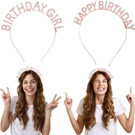 YKW - Juego de 2 diademas de tiara de cumpleaños para niña, oro y plata, corona de diamantes de imitación, accesorios para fotos de fiesta, celebración de cumpleaños (cumpleaños de oro rosa)