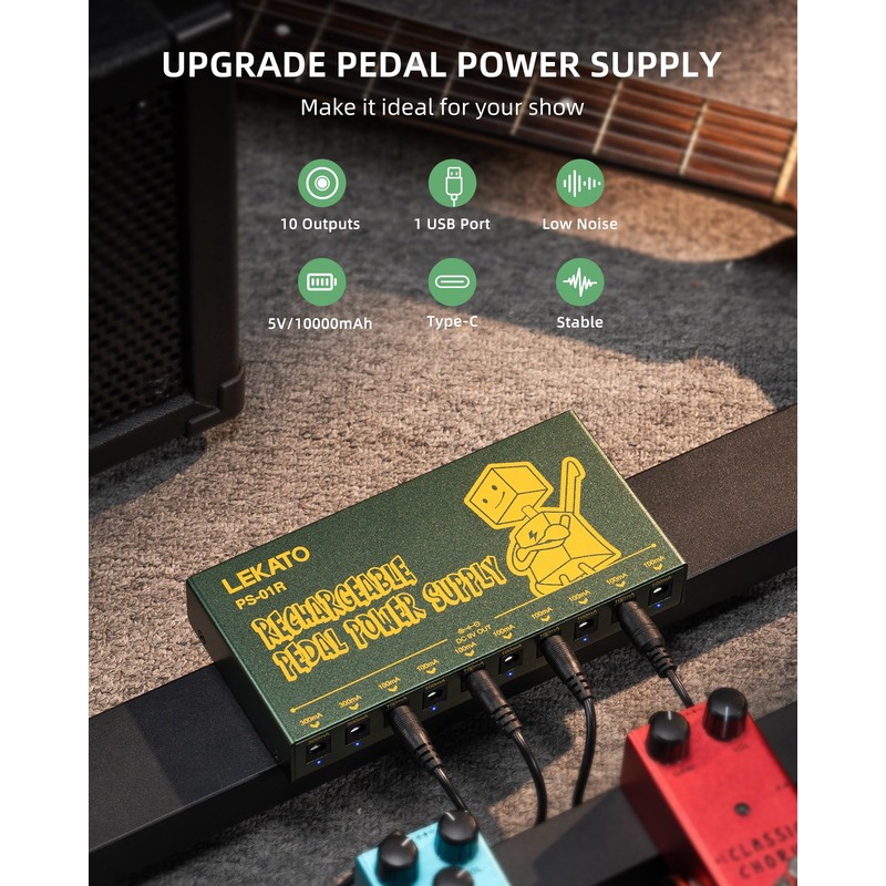 LEKATO Built-in 10000mAh Rechargeable Battery Guitar Pedal Power Supply, 10