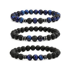 MUCCA 3 Pcs Mens Bracelets Adjustable Stretch Bracelet for Men 8MM Natural Stone Bead Bracelet Tigers Eye Bracelet Gifts for Teenager Mens