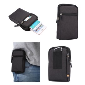 DFVmobile - Universal Multi-Functional Vertical Stripes Pouch Bag Case Zipper Closing Carabiner for Glocalme Maya System Jetfone (2018) - Black (17 x 10.5 cm)