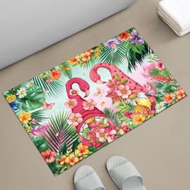 APROPHIC Summer Gnome Bath Mat for Bathroom Decor, Flower Palm Leaf Flamingo Bathroom Rug Non-Slip Carpet, Absorbent Quick-Drying Floor Mat, Ultra-Thin Fit Under The Door,17x24 in, Pink Green