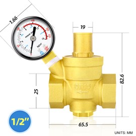 MEANLIN MEASURE 1/2 inch Brass Water Pressure regulating Valve,Pressure reducing Valve, DN15, with 0-220PSI/0-16BAR Pressure Gauge