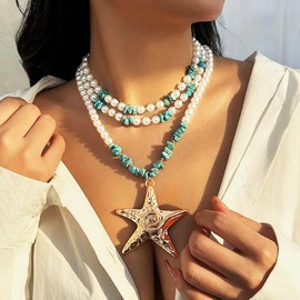 Flimire Big Starfish Layered Pendant Necklace for Women Turquoise Pearl Wrap Necklace Jewelry Boho Long Necklace Chain (Gold)
