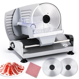 Moongiantgo Meat Slicer 200W With 2 Removable 7.5’’ Stainless Steel Blades, Deli Food Slicer 0-15MM Thickness Adjustable, Child Lock Protection, Meat Fruit Cheese Bread Slicer Machine, 110V