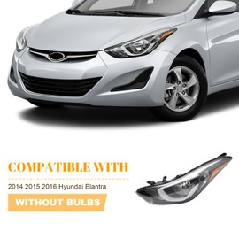 PIAOYUE- For 2014 2015 2016 Hyundai Elantra Halogen Headlights Headlamps Left Driver Side Black Housing Clear Lens w/o LED DRL