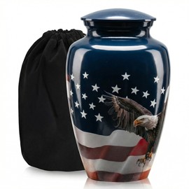Handcrafted Urn for Human Ashes, Large Decorative Cremation Urns, Memorial Funeral Urn for Men Adults with American Flag Eagle Finish, Metal Alloy 10" H x 6" W