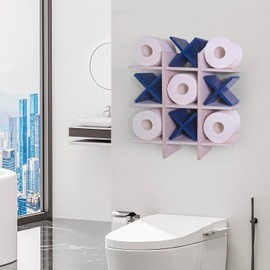 DAOYOUSKY Tic Tac Toe Toilet Paper Holder Stand with 4pcs Wooden X, Farmhouse Rustic Wall Mounted Funny Toilet Papers Storage Organizer with Shelf, Guest Bathroom Decor, White and Blue