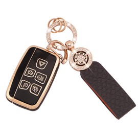Koaudb Car Key Fob Cover Fit for Range Rover Sport Evoque LR4 Jaguar XF XJ XJL F-pace 5 Buttons TPU Soft Key Shell Case Smart Car Key Protector with Bling Leather Keychain Black Gold(C-BP-Rov)