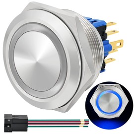 ZJWZJH 30mm Momentary Push Button Switch SPDT DPDT Big Head Waterproof with 12V LED Angel Eye Metal Stainless Steel Start Switch 1.18" Hole with Socket (Momentary,24V, Blue)