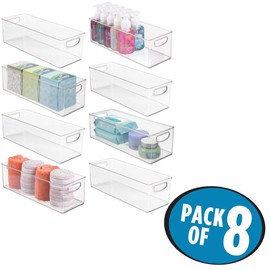 mDesign Plastic Bathroom Organizer - Storage Holder Bin with Handles for Vanity, Cupboard, Cabinet Shelf, Linen or Hallway Closets, Holds Styling Tools, Beauty Products, or Toiletries - 8 Pack - Clear