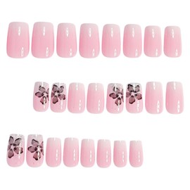 Hkanlre Square Fake Nails Tips Short Press on Nails Full Cover Flower Pink Gradient False Nails for Women 24PCS