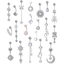 Junkin 20 PCS 14G 316L Stainless Steel Dangle Belly Button Rings Silver Rhinestone Button Jewelry Navel Piercing Belly Jewelry for Women