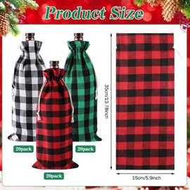Paterr 60 Pcs Christmas Wine Gift Bags 13.8 x 5.9" Xmas Wine Bottle Gift Bags with Drawstring Buffalo Plaid Burlap Reusable Wine Bottle Covers for Christmas Holiday Party Decorations Wedding Birthday