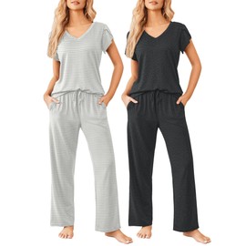Ekouaer 2 Pack Womens Pajamas Set Short Sleeve Sleepwear Top with Pants Soft Loungewear S-XXL