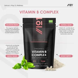 Organic Vitamin B Complex – 100% Plant Based Blend - 60 Vegan Capsules – All 8 B Vitamins – Energy Support – Resealable and Recyclable Pouch by Alpha01