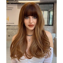 ORAVISTA Honey Blonde Long Wavy Wigs Human Hair Mixed Synthetic for Women with Bangs Heat Resistant Lightweight Everyday Party Cosplay Use