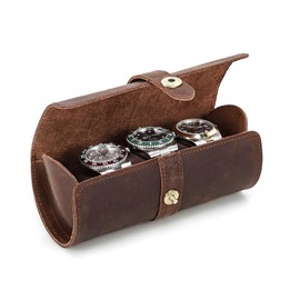 Hiram Estuche de cuero Crazy Horse hecho a mano para 3 relojes, Caja de almacenamiento de viaje Organizador con pantalla para relojes de pulsera, con cojín antivuelco y cierre magnético