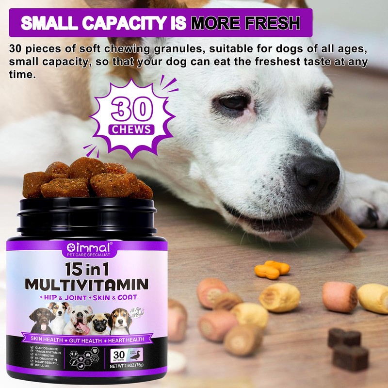15-in-1 Dog Multivitamin Chews – 30ct, Duck Flavour, All Breeds
