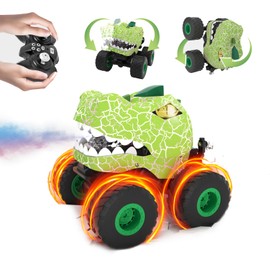 LEFEI Dinosaur Remote Control Car,RC Monster Trucks for Boys 3-12 Year Old,360° Rotating RC Stunt Car Truck Toys with Spray,Light & Sound,All Terrain RC Cars Birthday Party Gift for Kids (Green)