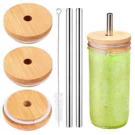 3 Pack Wide Mouth Bamboo Drinking Lid with Straw Hole and Straw Compatible with Mason Jar, Wood Drinking Lids for 86mm Wide Mouth Jar