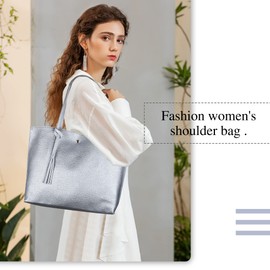 K.EYRE Women's Faux PU Leather Tote Shoulder Purses Bag for women, Big Capacity Tassel Handbag (SILVER)