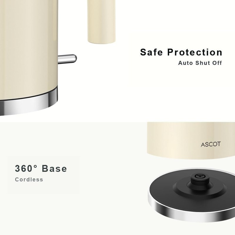 ASCOT Electric Kettle, 1.5L Stainless Steel Interior, Plastic-Free, 1500W Fast