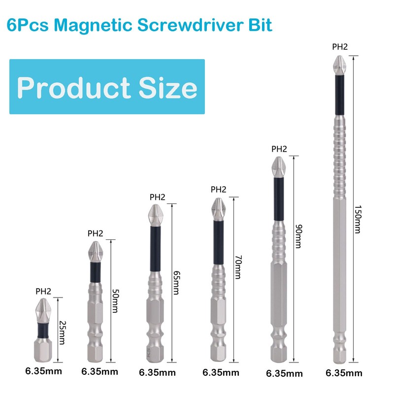 YUENTOEN 6Pcs Phillips Magnetic Screwdriver Bit Set, S2 Steel Anti-Slip