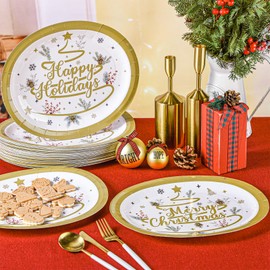 50 PCS Merry Christmas Oval Paper Plates Happy Holiday Disposable Paper Plates 10'' x 12'' Dinner Plates Gold Christmas Tree Dessert Plates for Winter Holiday Picnic Dinner Birthday Party Supplies