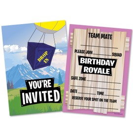 12 x Fort Building Battle Style Birthday Royale Party Invitations & Blue Envelopes - Gamer/Gaming/Computer Game (Invitations & Envelopes)