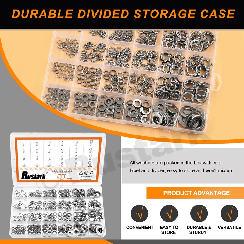 Rustark 400Pcs 6 Sizes 304 Stainless Steel Metric M3-M10 External