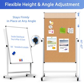 Double-Sided Whiteboard and Corkboard on Wheels, 48 x 32 Inch Magnetic Dry Erase Board with Adjustable Height Stand, Rolling Mobile Board for Office, Classroom, Presentation & Planning (Cork & White)