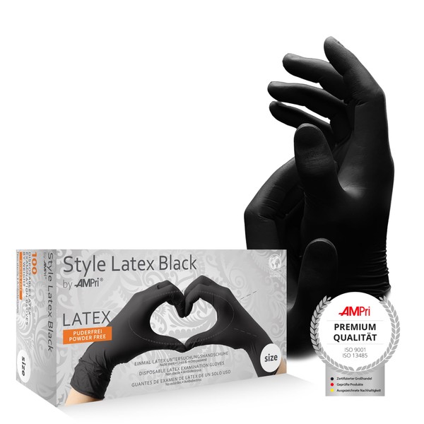 AMPri Latex Gloves, Black, Pack of 100/Box, Size L, Powder-Free,