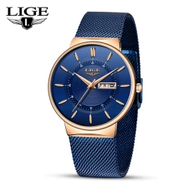 Lige Luxury Ultra-thin Men Watch Quartz Date Week 3ATM Waterproof Steel Wrist Watches