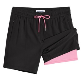 MaaMgic Mens Swim Trunks with Compression Liner 2 in 1 Swimming Shorts Stretch 7" Swimwear Quick Dry Bathing Suits,Black+Pink,Medium