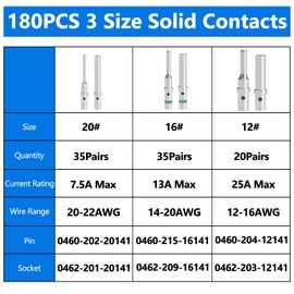 Aienxn 180PCS DT Pins Contact Size 12 16 20 Male Female Terminals, DT Connector/Terminal Kit for Deutsch Connector 12-22 AWG Wire Gauge