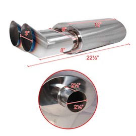 Carpartsinnovate 3" Dual Tilt Slant Outlet Titanium Burnt Tip 2.5" Inlet Exhaust Muffler