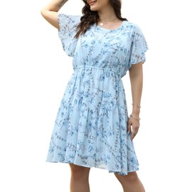 Nemidor Plus Size Summer Dresses for Curvy Women Casual Boho Midi Chiffon Print Floral Dress with Ruffle Sleeve 14-26(297,16,Light Blue)
