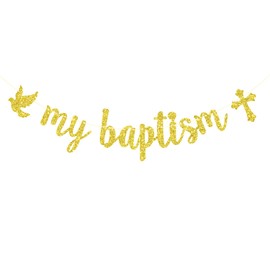 My Baptism Banner, Spanish Baptism Decorations, First Holy Communion, God Bless, Christening/Baptism Party Decorations Gold Glitter