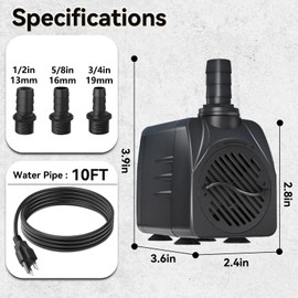 400GPH Submersible Pump, 25W Adjustable Ultra Quiet Fountain Water Pump Ideal for Ponds, Aquariums, Fish Tanks, Statuary & Hydroponics with 10ft Power Cord