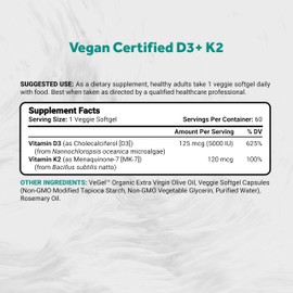 Naturalis Vegan Vitamin D3 + K2 from Algae | 5000iu Vitamin D with 120mcg MK7 Vitamin K | Vegan Society Certified, Sustainably Sourced, Better Than Animal Derived | 60 Veggie Softgels