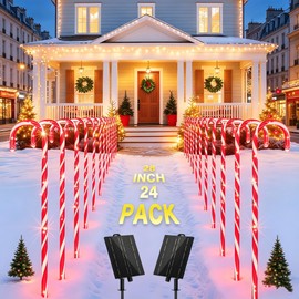 GLUUFLOWER 24 Pack Solar-Powered 28'' Christmas Candy Cane Lights, Waterproof Light Up Pathway Lights for Outdoor Yard, Xmas Outside Decorations